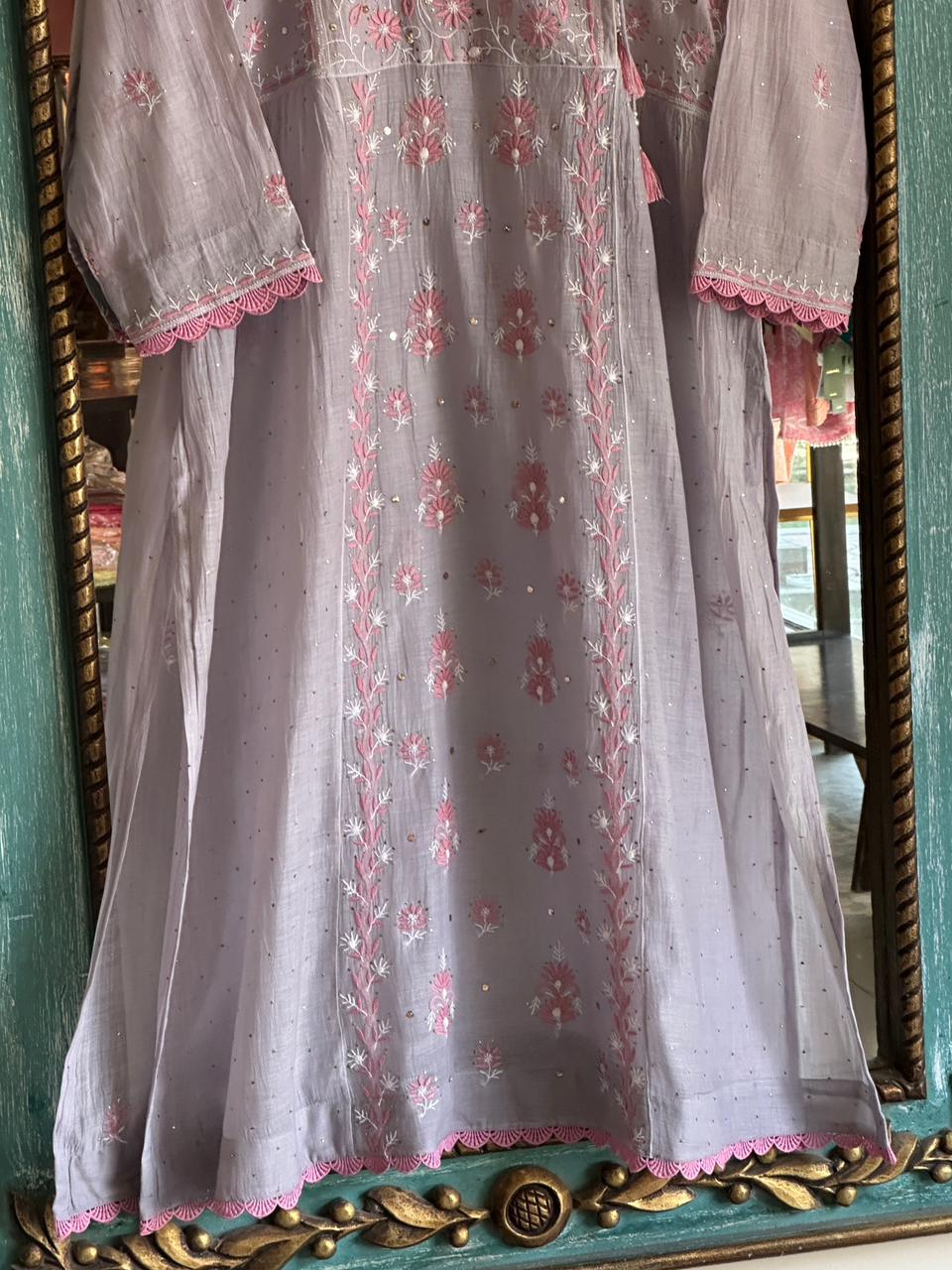 Dusty Grey Shade Malmal Mukaish Kamdani Chikankari Stitched Angarkha