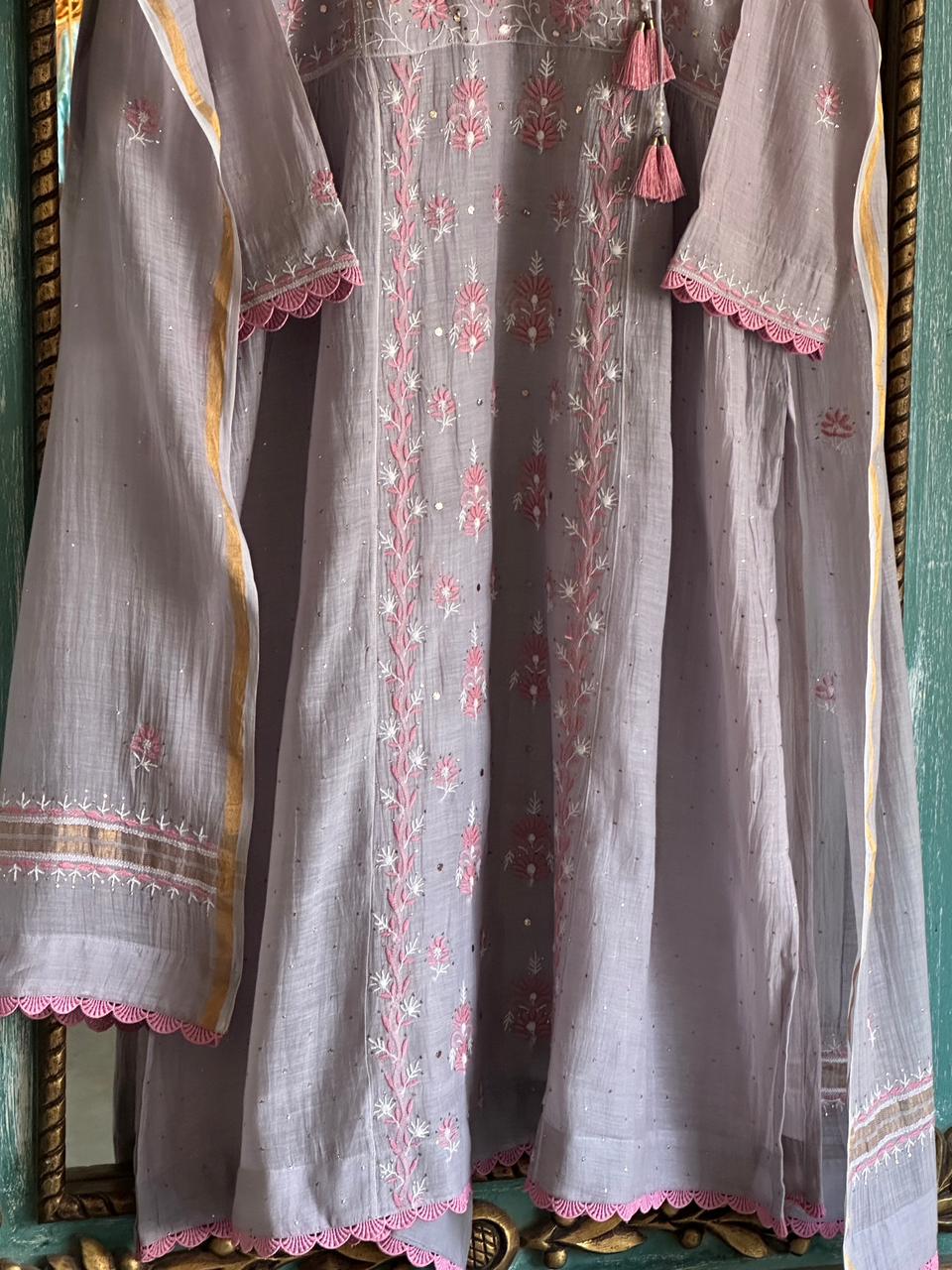 Dusty Grey Shade Malmal Mukaish Kamdani Chikankari Stitched Angarkha