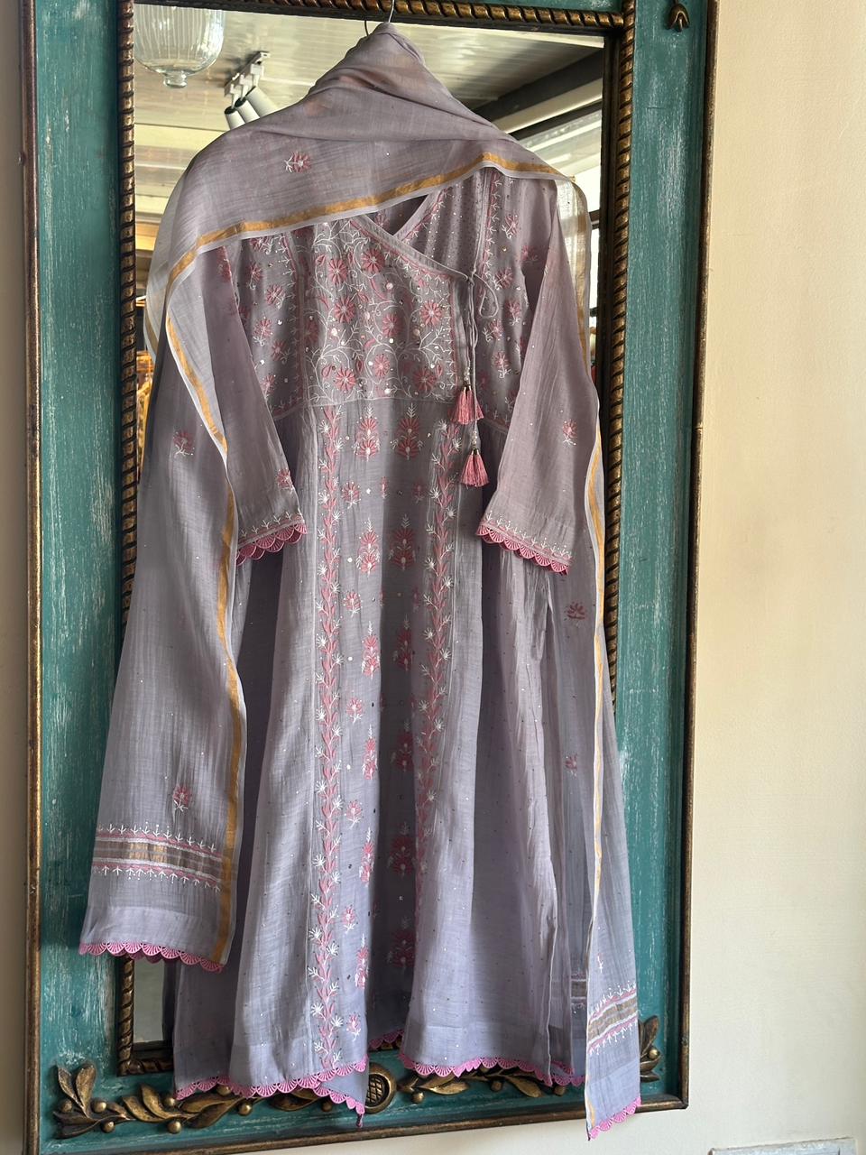 Dusty Grey Shade Malmal Mukaish Kamdani Chikankari Stitched Angarkha