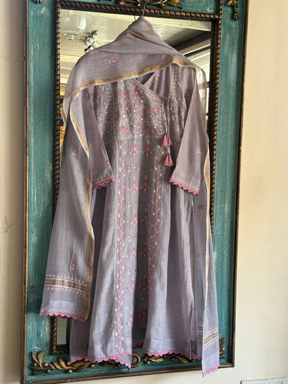 Dusty Grey Shade Malmal Mukaish Kamdani Chikankari Stitched Angarkha