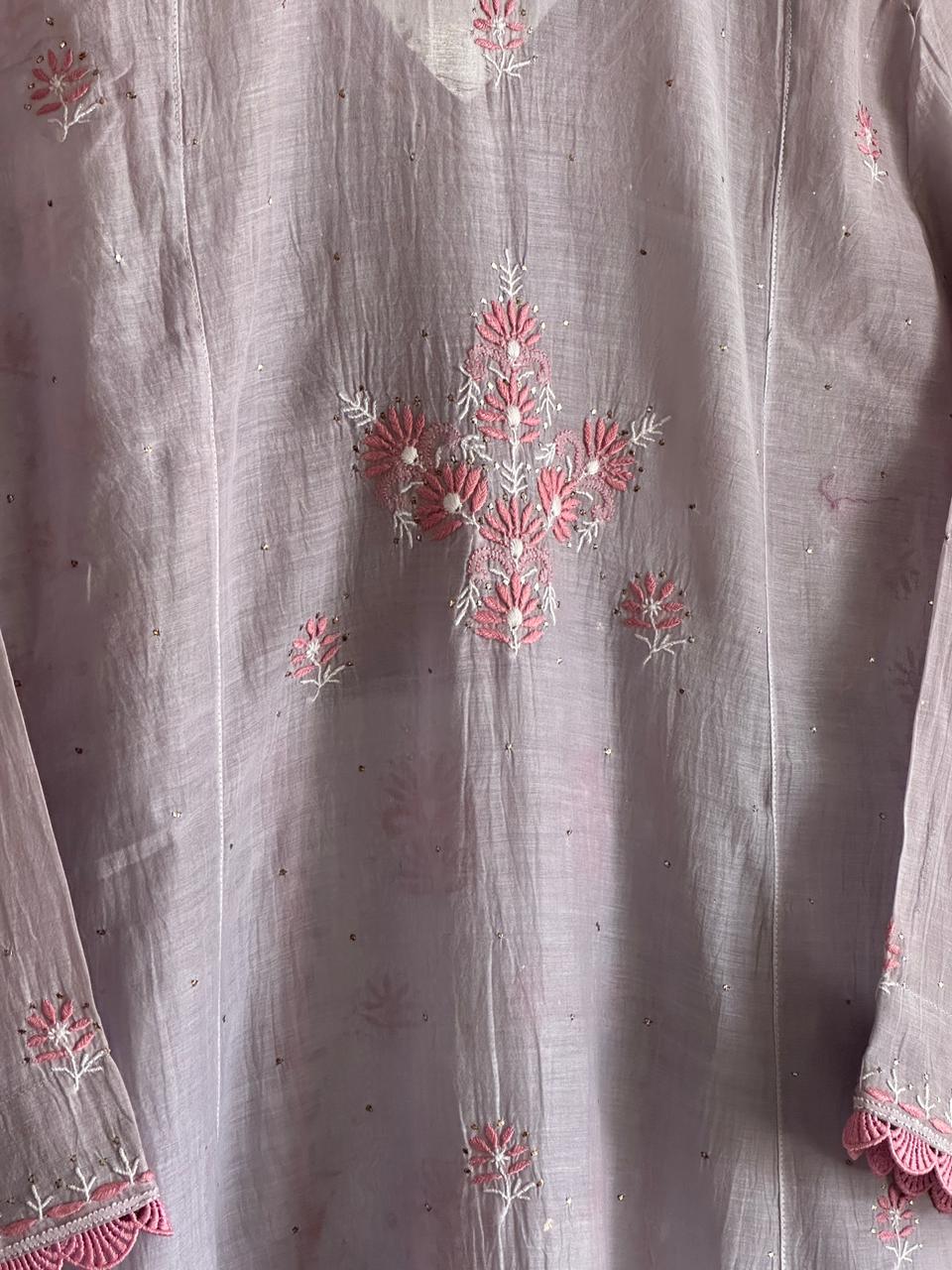 Dusty Grey Shade Malmal Mukaish Kamdani Chikankari Stitched Angarkha