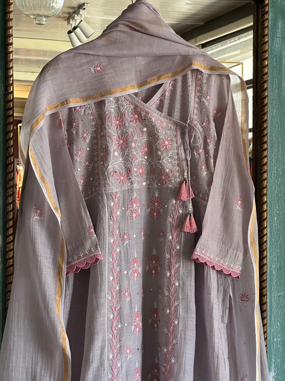 Dusty Grey Shade Malmal Mukaish Kamdani Chikankari Stitched Angarkha