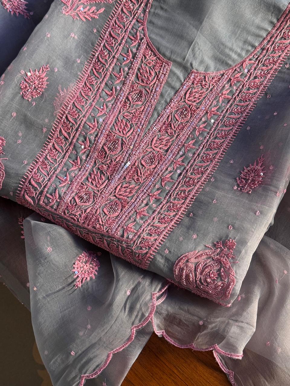 Dusty Grey Shade Noor Organza Silk Chikankari Unstitched Fabric