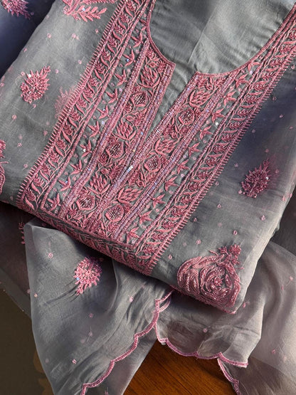 Dusty Grey Shade Noor Organza Silk Chikankari Unstitched Fabric