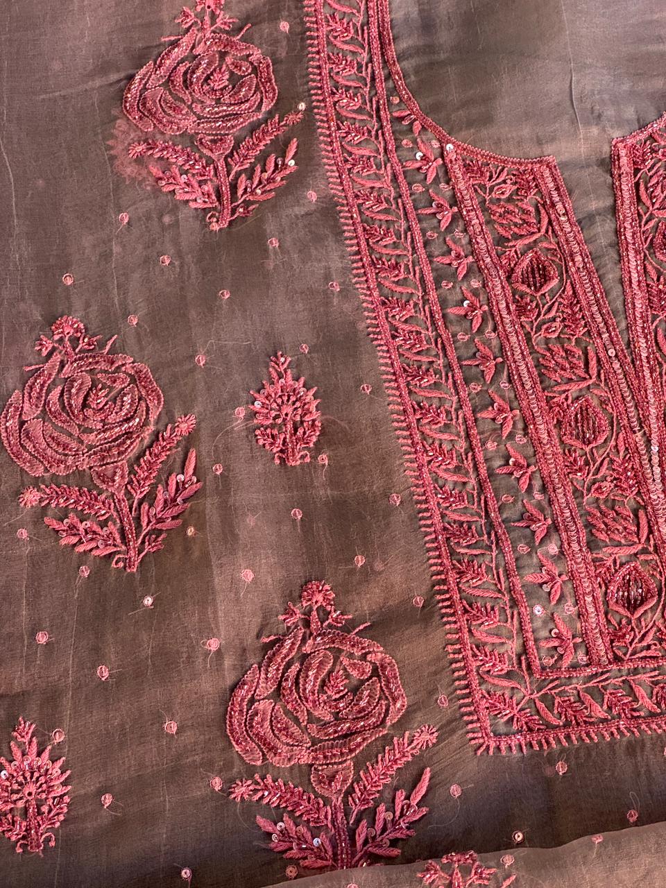 Dusty Grey Shade Noor Organza Silk Chikankari Unstitched Fabric
