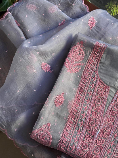 Dusty Grey Shade Noor Organza Silk Chikankari Unstitched Fabric