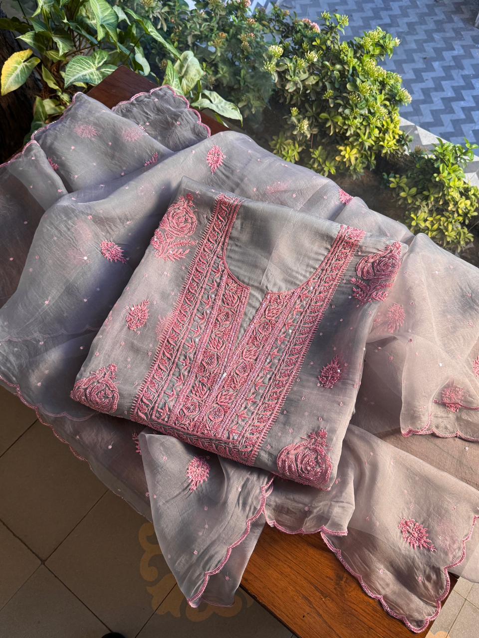Dusty Grey Shade Noor Organza Silk Chikankari Unstitched Fabric