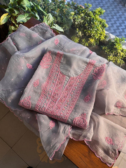 Dusty Grey Shade Noor Organza Silk Chikankari Unstitched Fabric