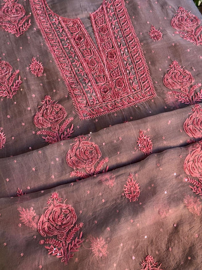 Dusty Grey Shade Noor Organza Silk Chikankari Unstitched Fabric