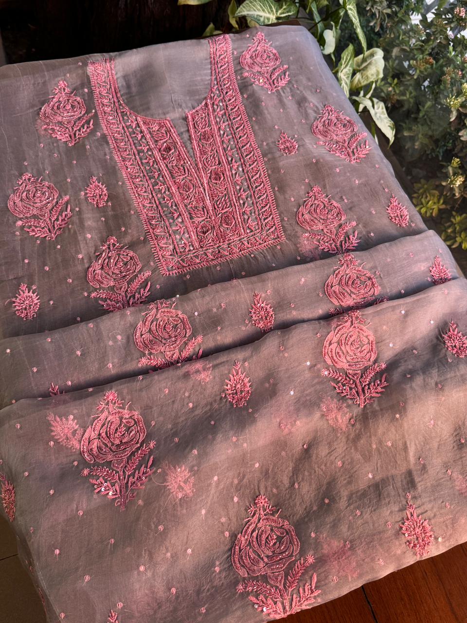 Dusty Grey Shade Noor Organza Silk Chikankari Unstitched Fabric