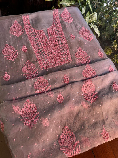 Dusty Grey Shade Noor Organza Silk Chikankari Unstitched Fabric