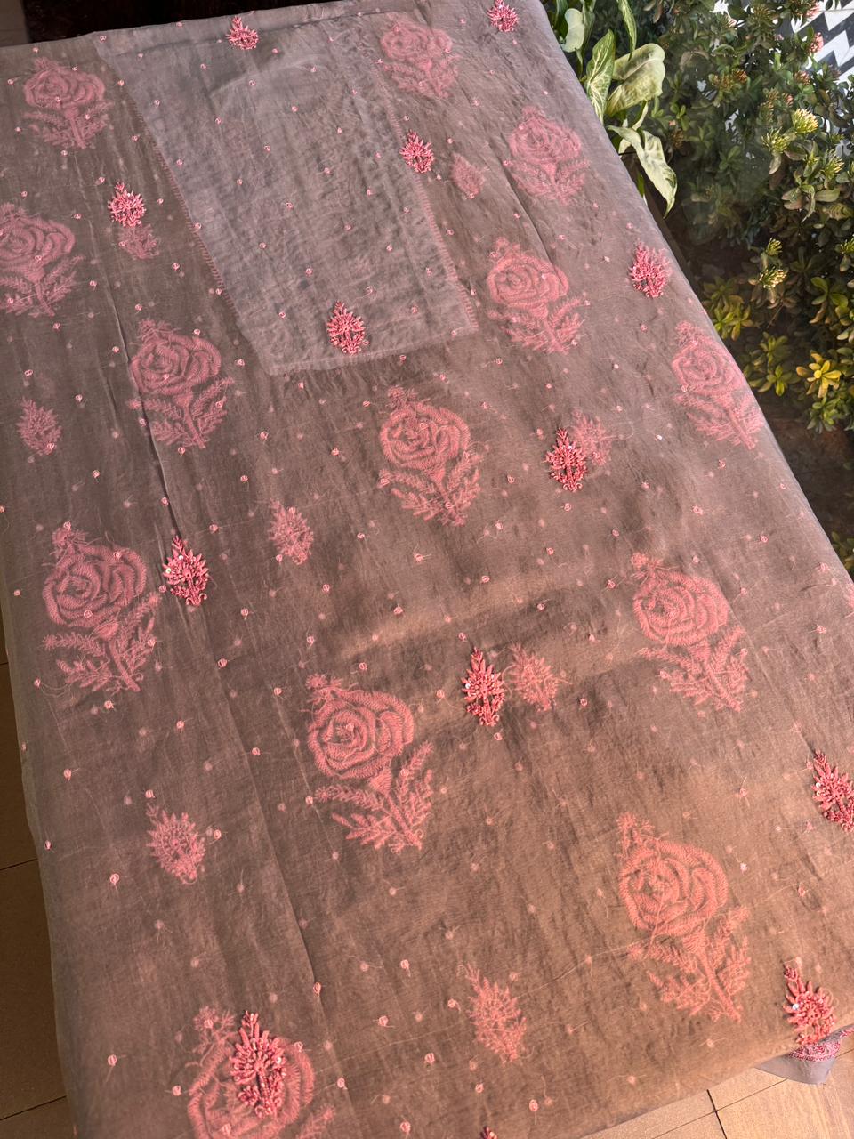 Dusty Grey Shade Noor Organza Silk Chikankari Unstitched Fabric