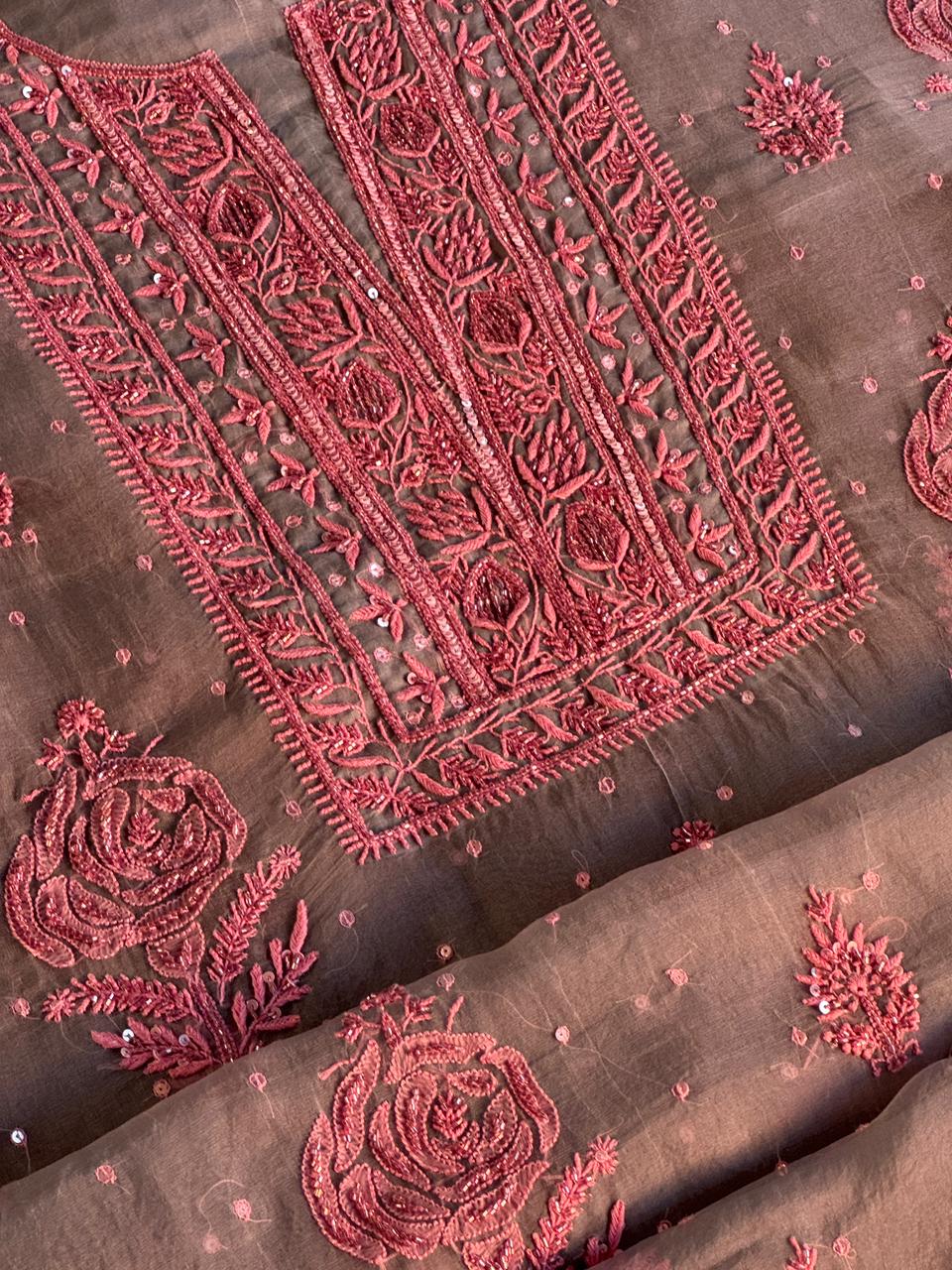 Dusty Grey Shade Noor Organza Silk Chikankari Unstitched Fabric