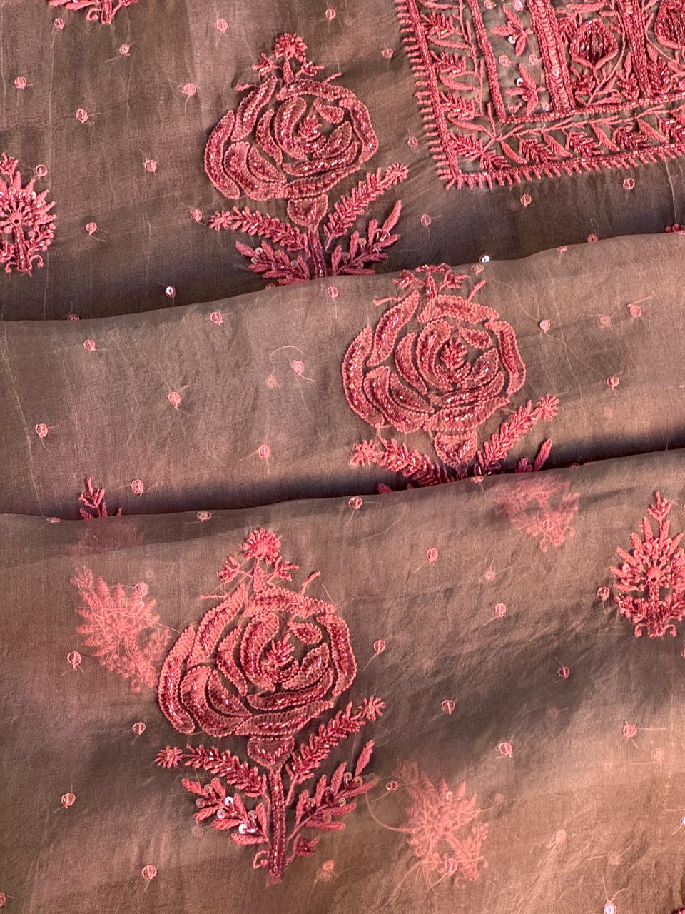 Dusty Grey Shade Noor Organza Silk Chikankari Unstitched Fabric