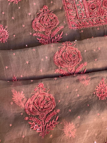 Dusty Grey Shade Noor Organza Silk Chikankari Unstitched Fabric