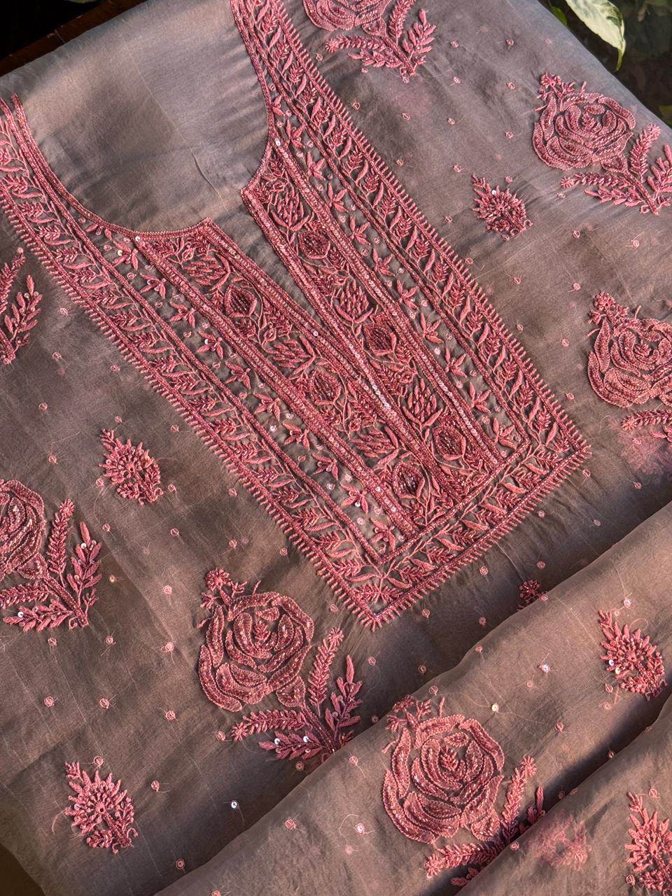 Dusty Grey Shade Noor Organza Silk Chikankari Unstitched Fabric