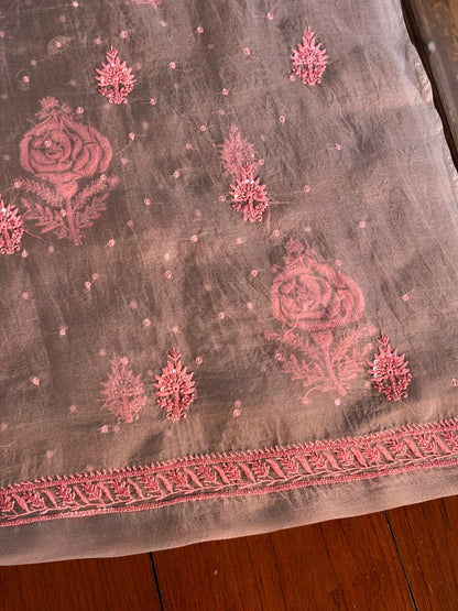 Dusty Grey Shade Noor Organza Silk Chikankari Unstitched Fabric