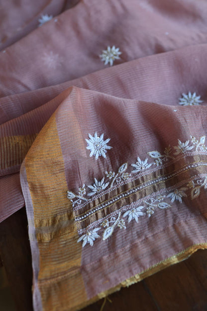 Dusty Lavender Banarasi Zari Chanderi Unstitched Chikankari Fabric