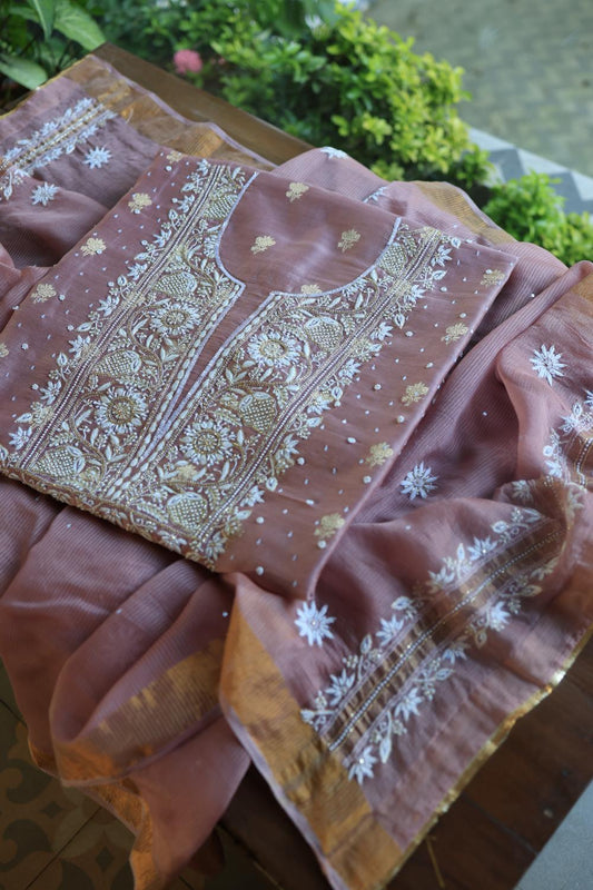 Dusty Lavender Banarasi Zari Chanderi Unstitched Chikankari Fabric