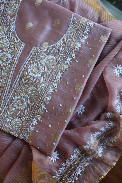 Dusty Lavender Banarasi Zari Chanderi Unstitched Chikankari Fabric
