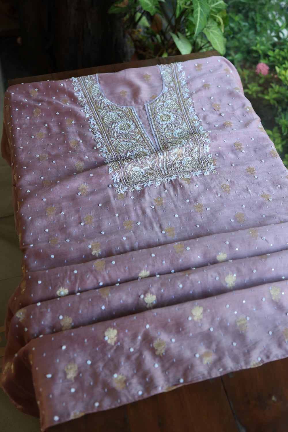 Dusty Lavender Banarasi Zari Chanderi Unstitched Chikankari Fabric