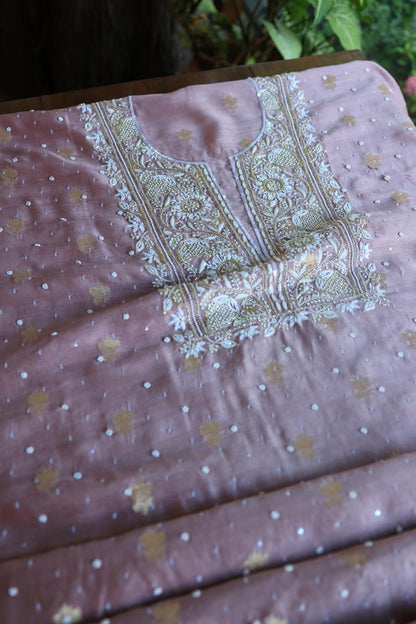Dusty Lavender Banarasi Zari Chanderi Unstitched Chikankari Fabric