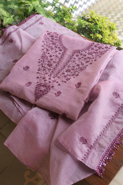 Dusty Lavender Kota Chikankari Unstitched Fabric