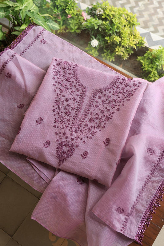 Dusty Lavender Kota Chikankari Unstitched Fabric