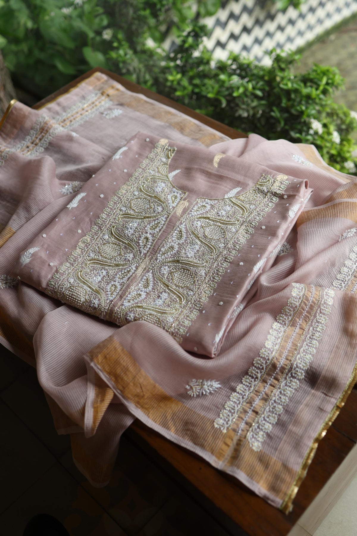 Dusty Lavender Shade Banarasi Zari Chanderi Unstitched Chikankari Fabric