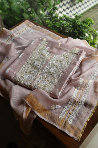 Dusty Lavender Shade Banarasi Zari Chanderi Unstitched Chikankari Fabric