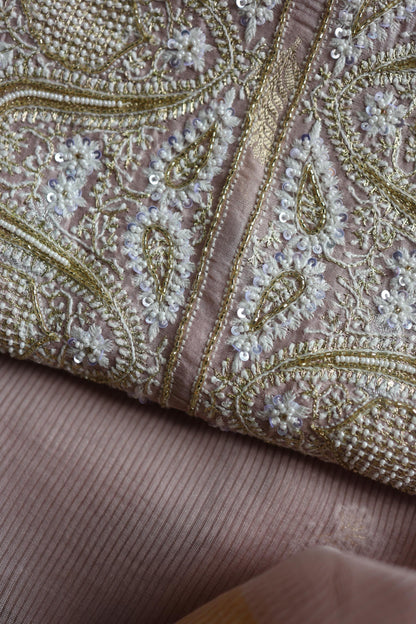Dusty Lavender Shade Banarasi Zari Chanderi Unstitched Chikankari Fabric
