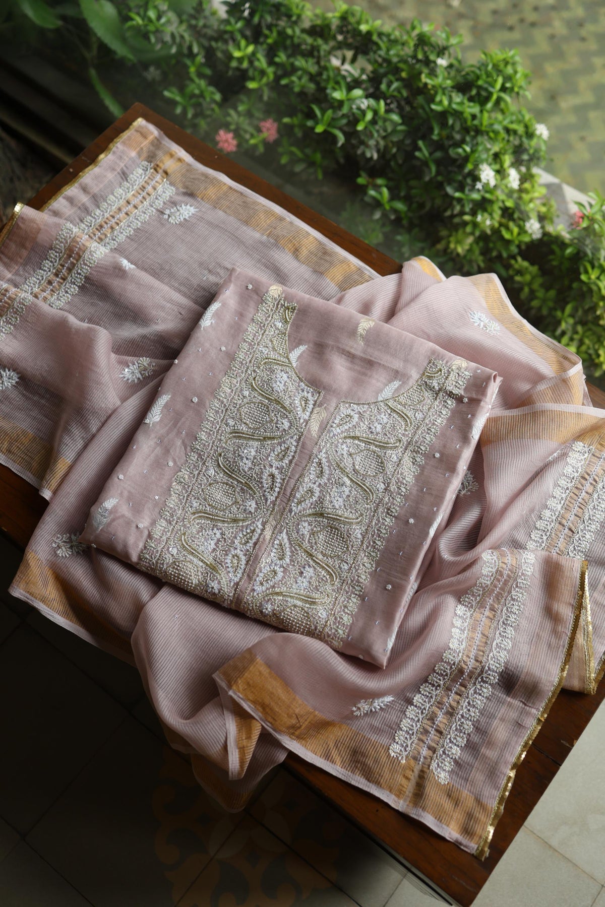 Dusty Lavender Shade Banarasi Zari Chanderi Unstitched Chikankari Fabric