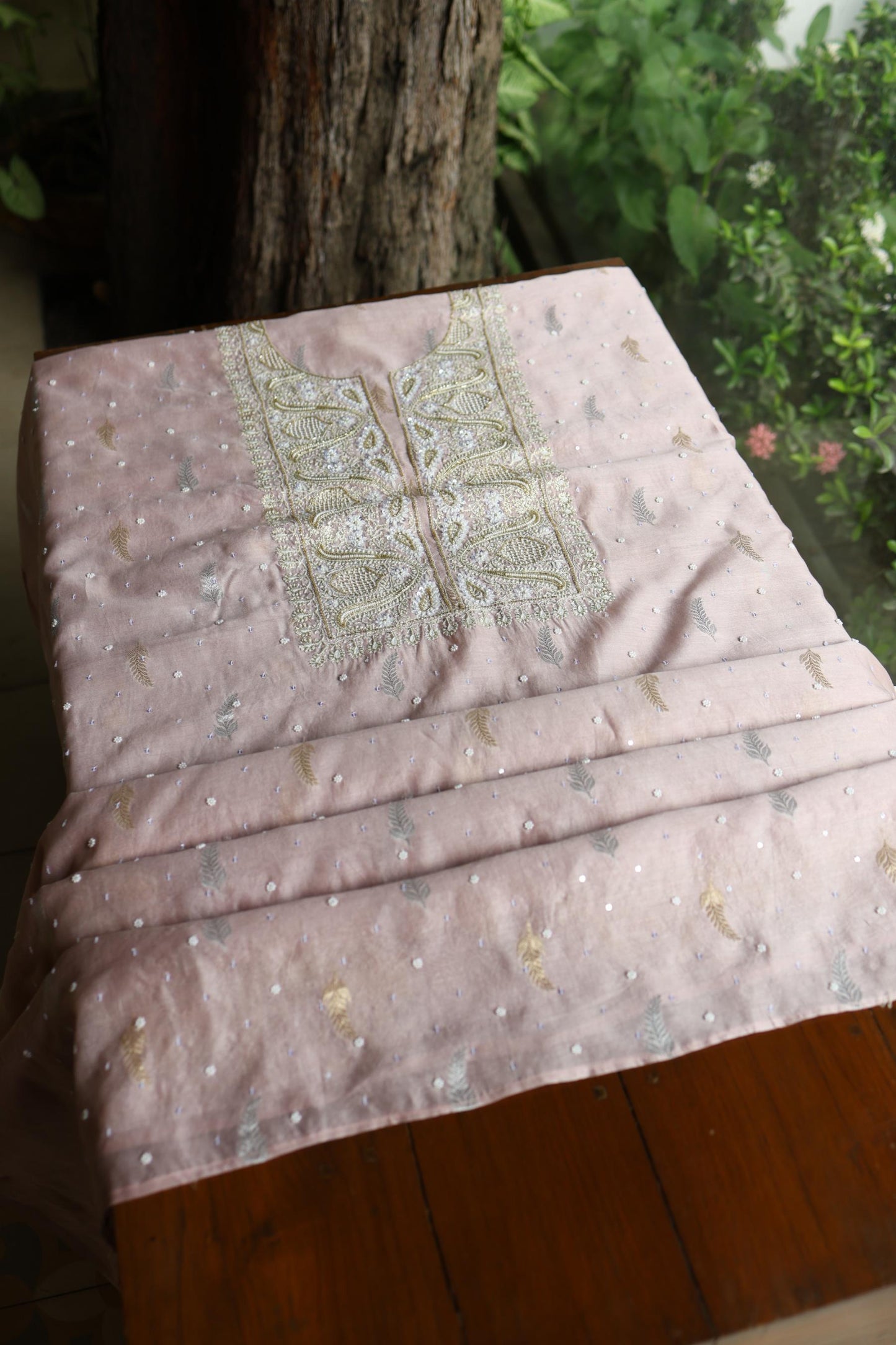 Dusty Lavender Shade Banarasi Zari Chanderi Unstitched Chikankari Fabric