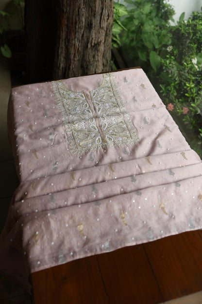 Dusty Lavender Shade Banarasi Zari Chanderi Unstitched Chikankari Fabric
