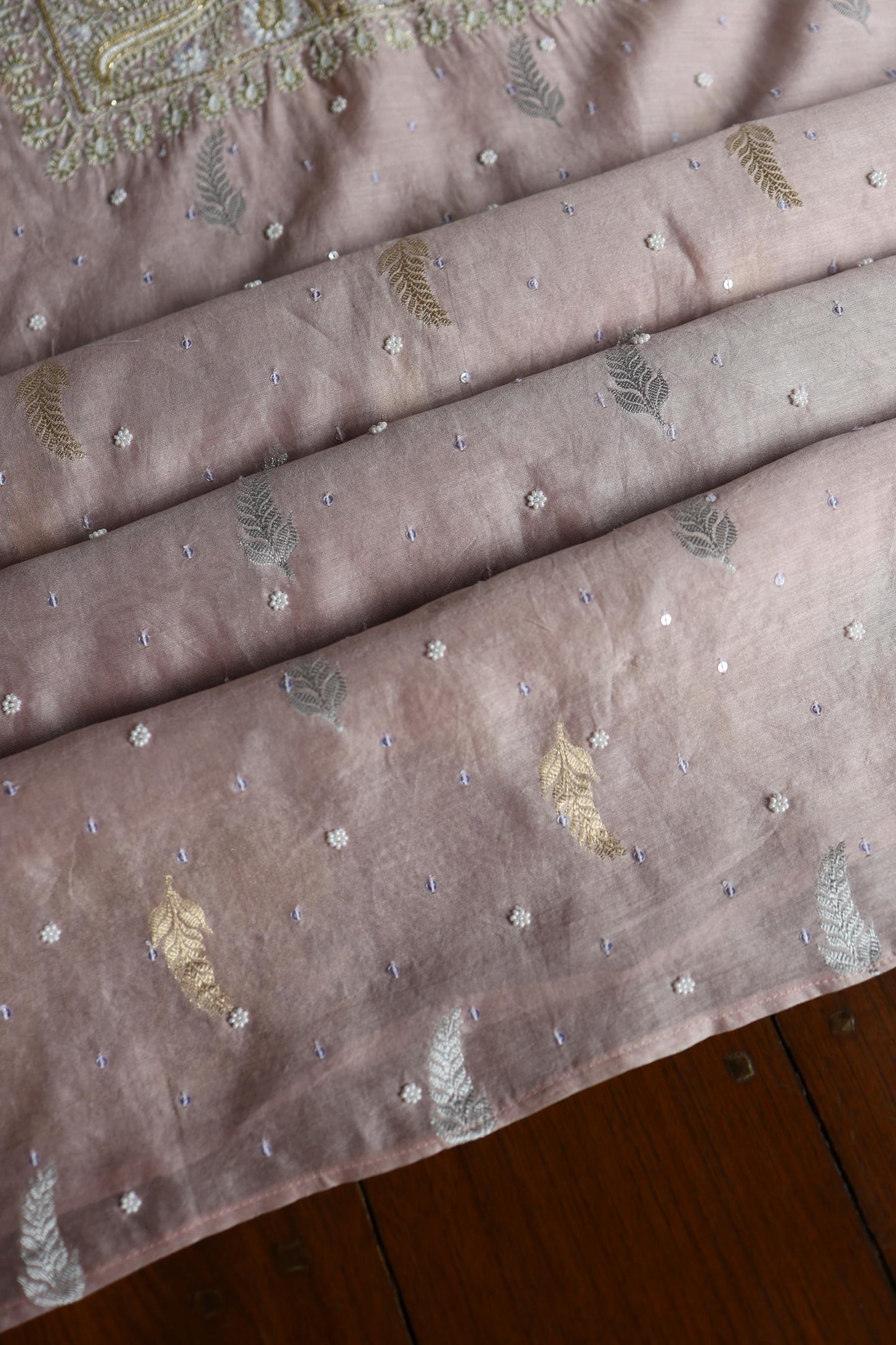 Dusty Lavender Shade Banarasi Zari Chanderi Unstitched Chikankari Fabric