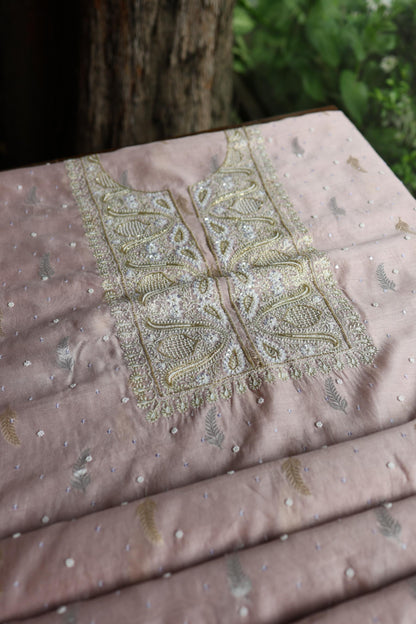 Dusty Lavender Shade Banarasi Zari Chanderi Unstitched Chikankari Fabric