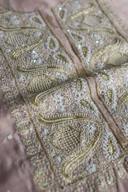 Dusty Lavender Shade Banarasi Zari Chanderi Unstitched Chikankari Fabric