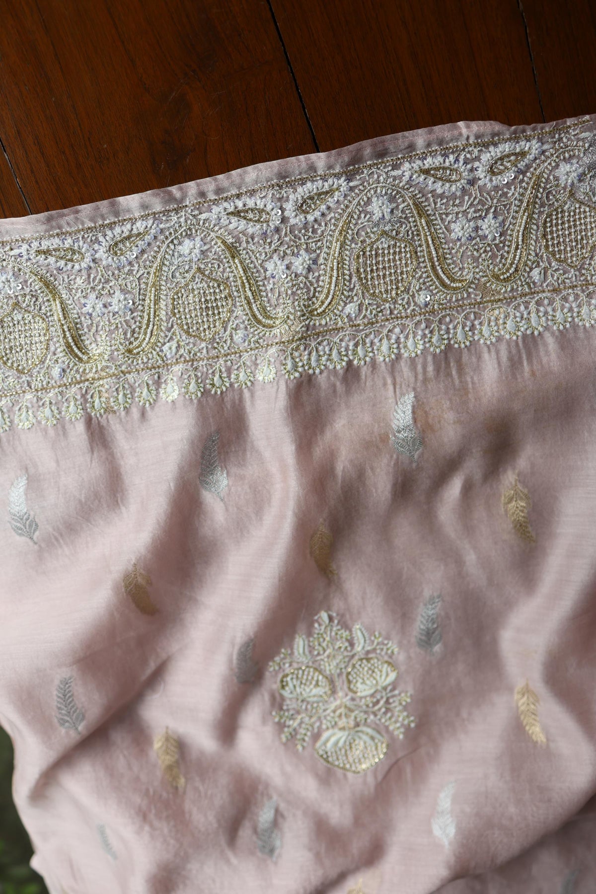 Dusty Lavender Shade Banarasi Zari Chanderi Unstitched Chikankari Fabric