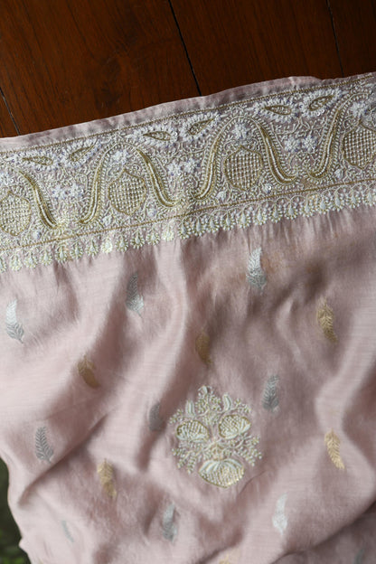 Dusty Lavender Shade Banarasi Zari Chanderi Unstitched Chikankari Fabric