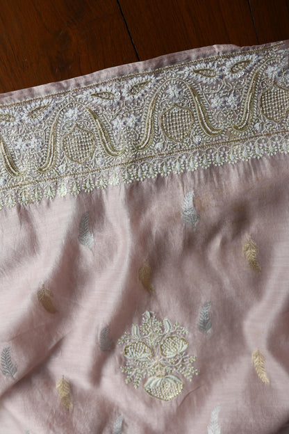 Dusty Lavender Shade Banarasi Zari Chanderi Unstitched Chikankari Fabric