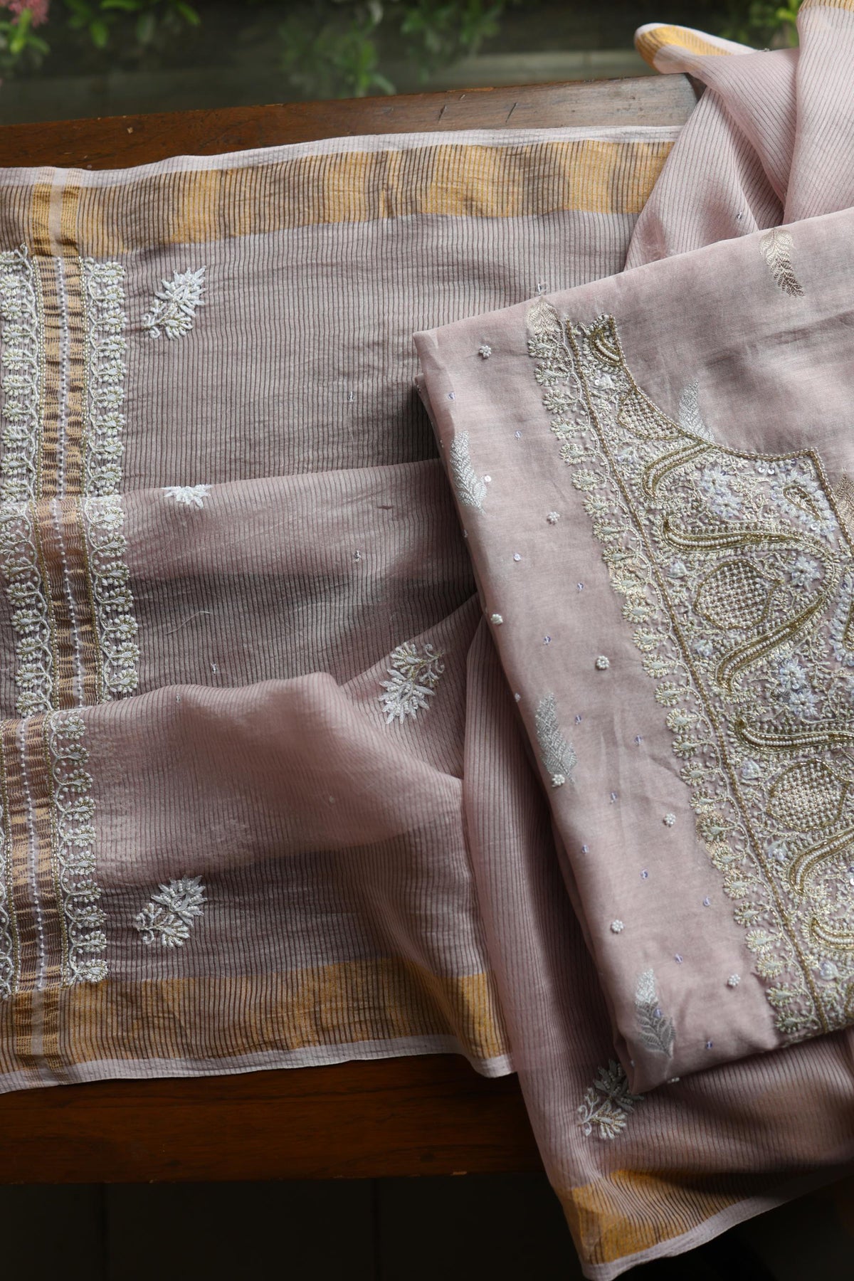 Dusty Lavender Shade Banarasi Zari Chanderi Unstitched Chikankari Fabric