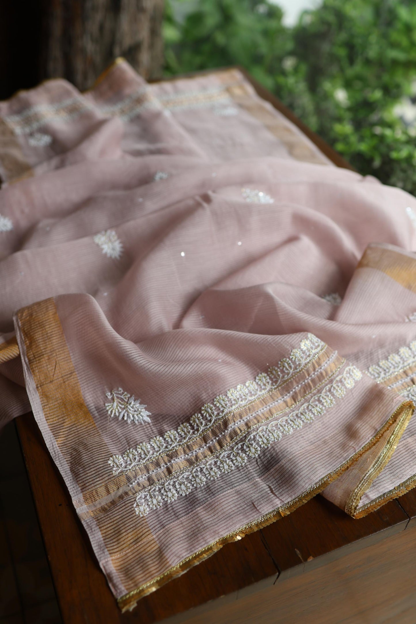 Dusty Lavender Shade Banarasi Zari Chanderi Unstitched Chikankari Fabric