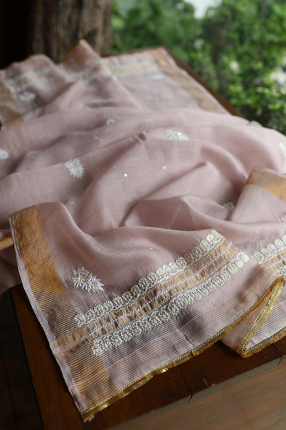Dusty Lavender Shade Banarasi Zari Chanderi Unstitched Chikankari Fabric