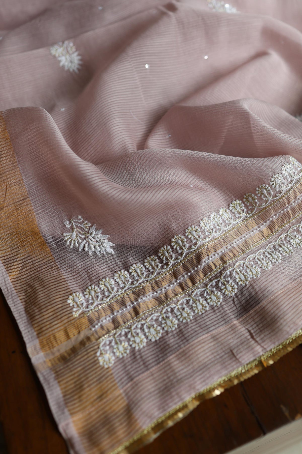 Dusty Lavender Shade Banarasi Zari Chanderi Unstitched Chikankari Fabric