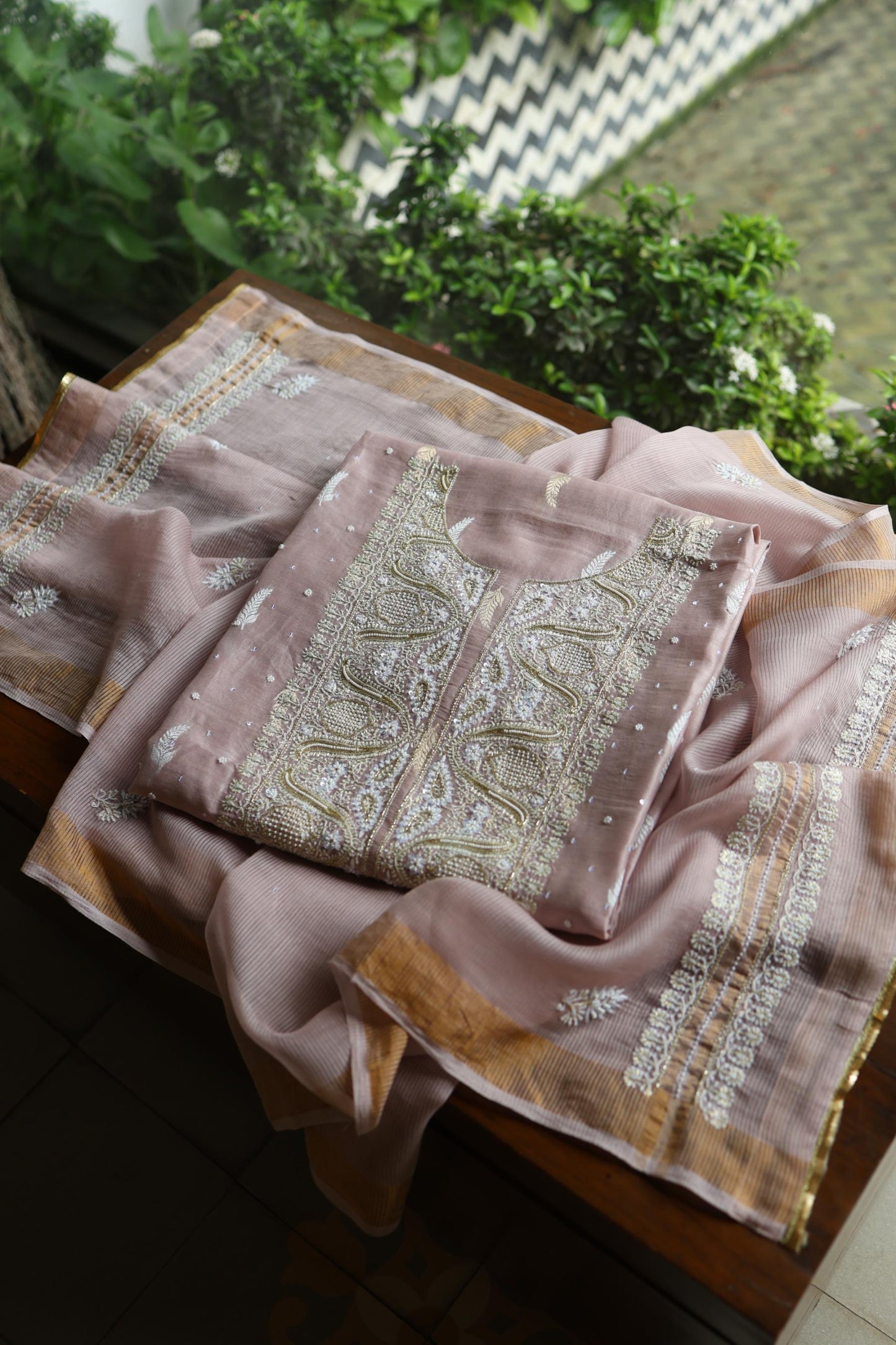 Dusty Lavender Shade Banarasi Zari Chanderi Unstitched Chikankari Fabric