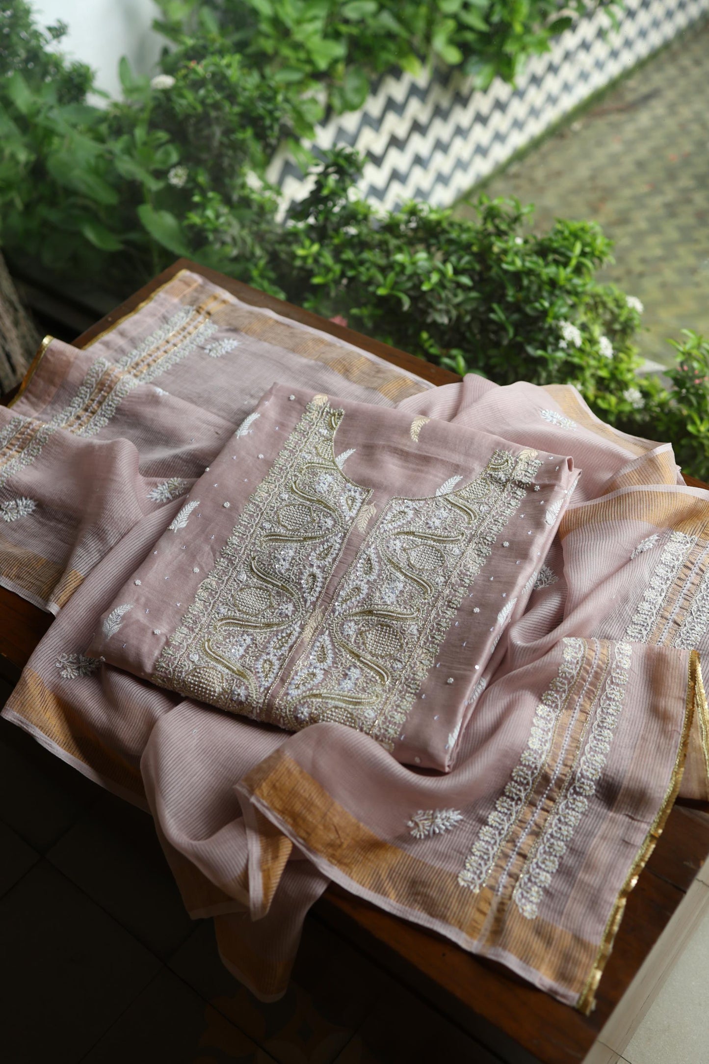 Dusty Lavender Shade Banarasi Zari Chanderi Unstitched Chikankari Fabric