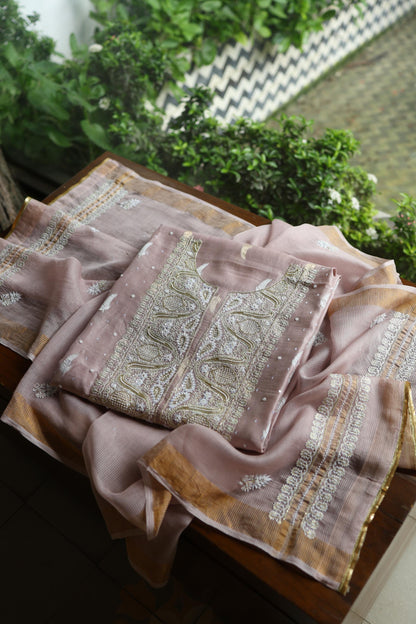 Dusty Lavender Shade Banarasi Zari Chanderi Unstitched Chikankari Fabric