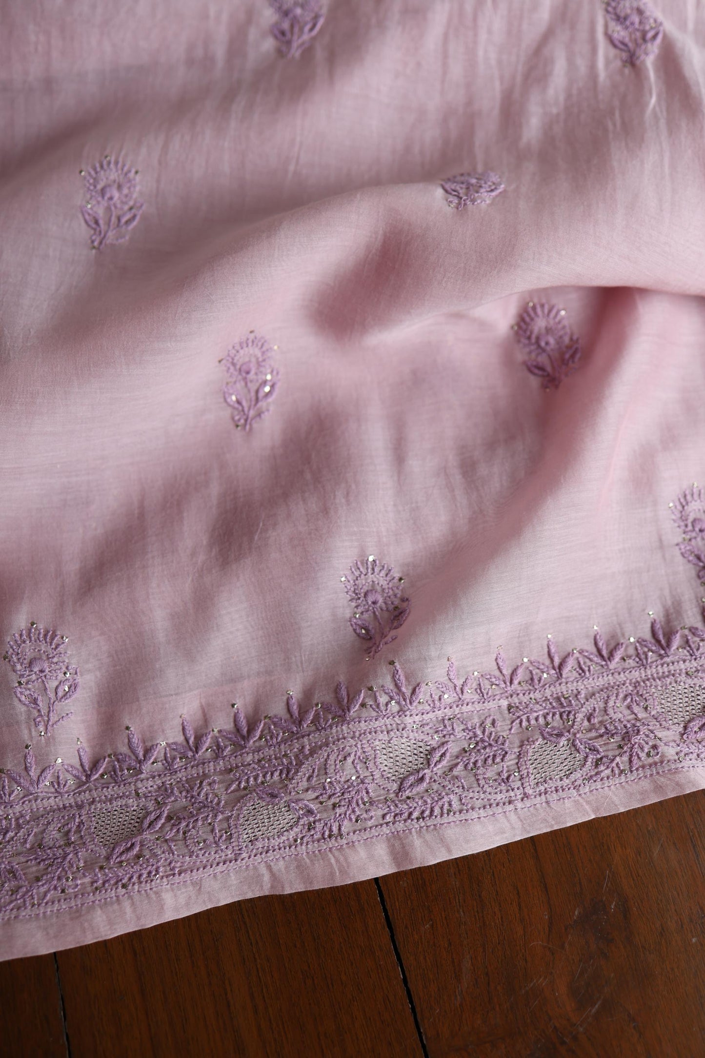 Dusty Lavender Shade Mal Cotton Chikankari Unstitched Kurta Dupatta Fabric With Kamdani