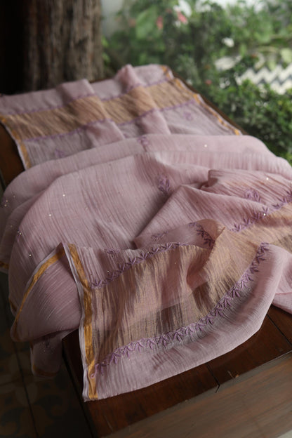 Dusty Lavender Shade Mal Cotton Chikankari Unstitched Kurta Dupatta Fabric With Kamdani