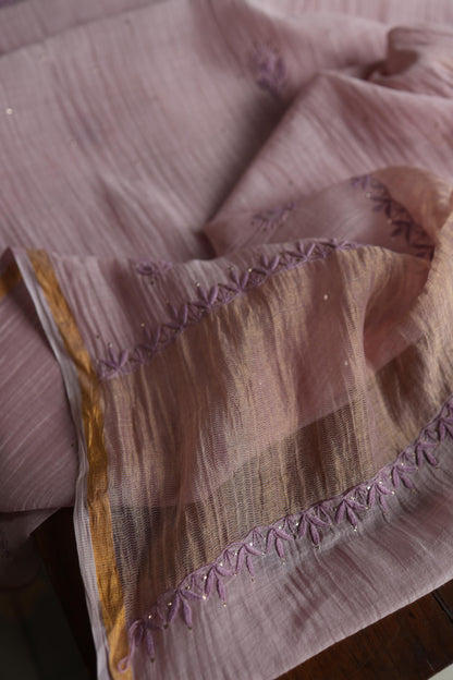 Dusty Lavender Shade Mal Cotton Chikankari Unstitched Kurta Dupatta Fabric With Kamdani